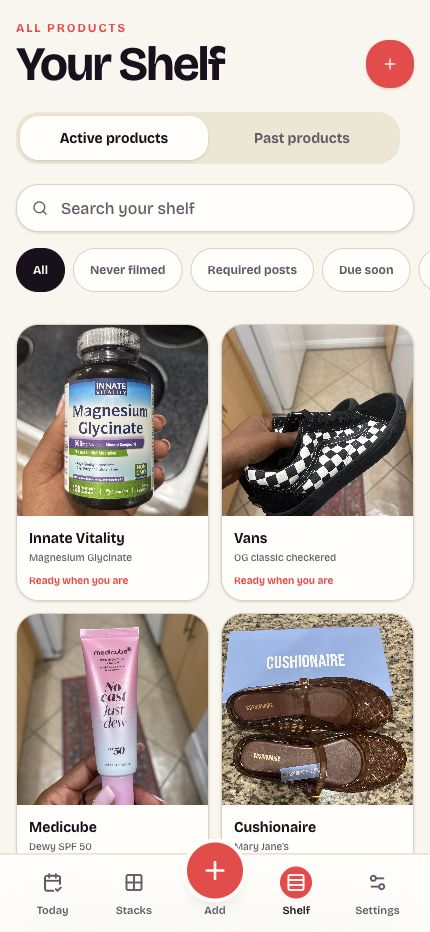 StackTake Shelf showing real products in a visual mobile grid